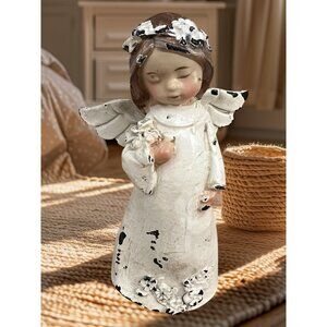 Vintage‎ Distressed White Sleeping Angel Figurine With Floral Accents